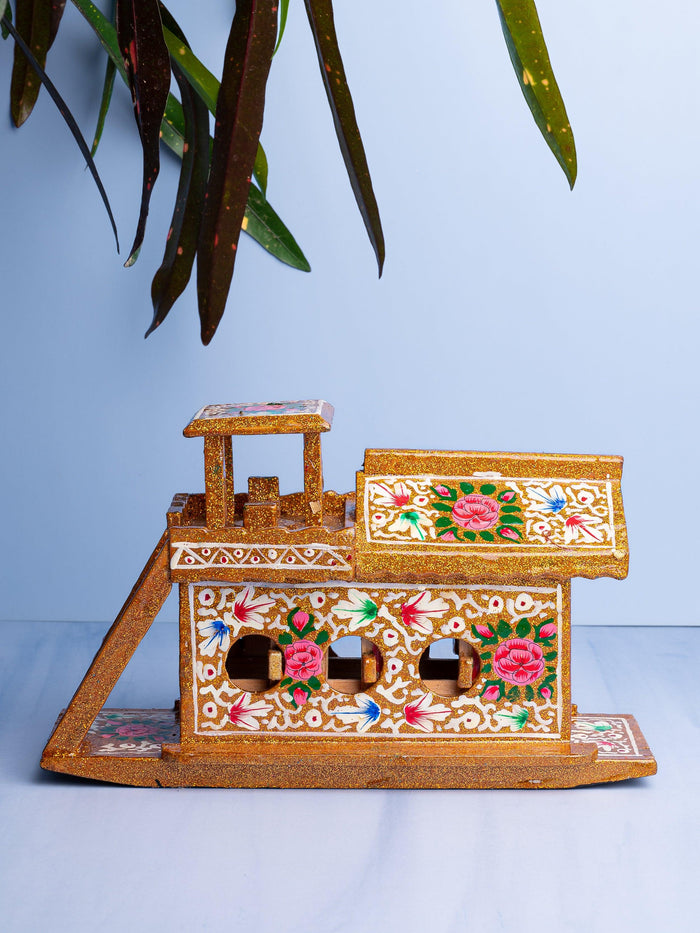 Bright Gold color Paper Mache House Boat, Decorative Showpiece - The Heritage Artifacts