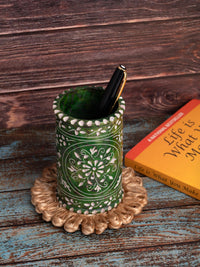 Hand crafted soap stone pen holder in green color - The Heritage Artifacts