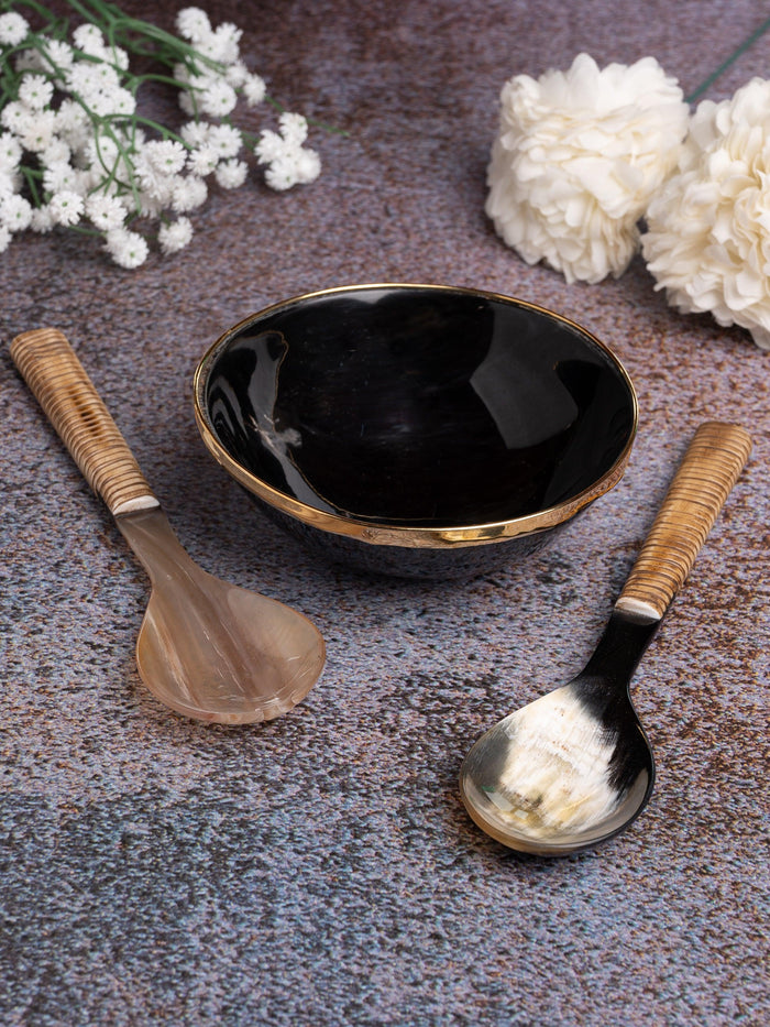 Natural Buffalo Horn Serving Bowl with Metal Rim and a set of Spoon and Fork- 5 inches dia - The Heritage Artifacts