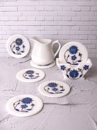 Blue flower 6 pcs marble coaster set with stand - The Heritage Artifacts