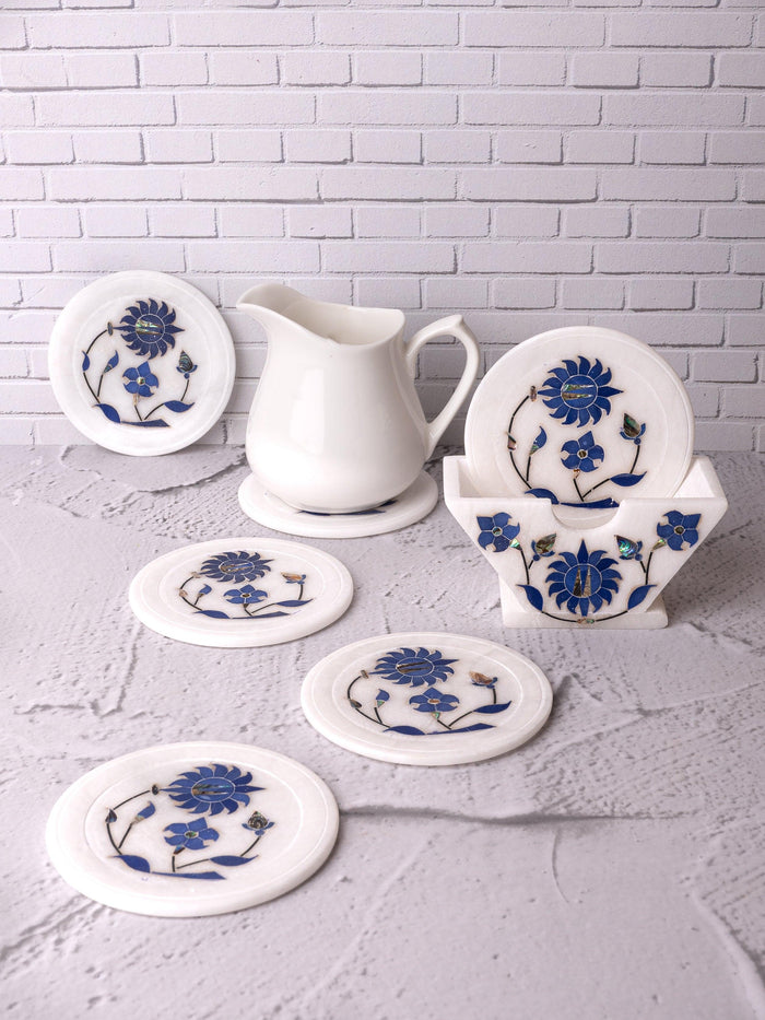Blue flower 6 pcs marble coaster set with stand - The Heritage Artifacts