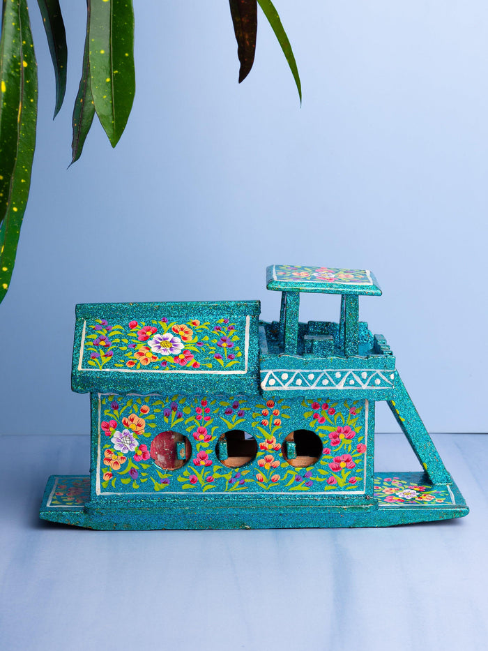 Bright Blue color Paper Mache House Boat, Decorative Showpiece - The Heritage Artifacts