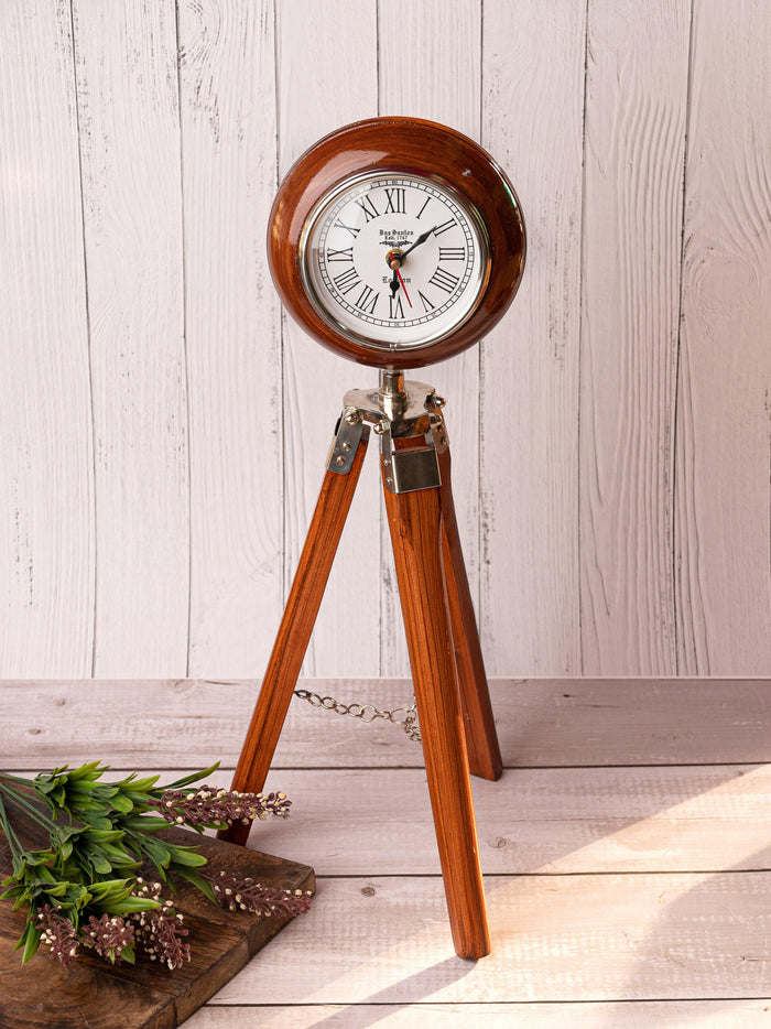 Vintage Clock over a wooden Tripod Stand - 18 inches in height - The Heritage Artifacts