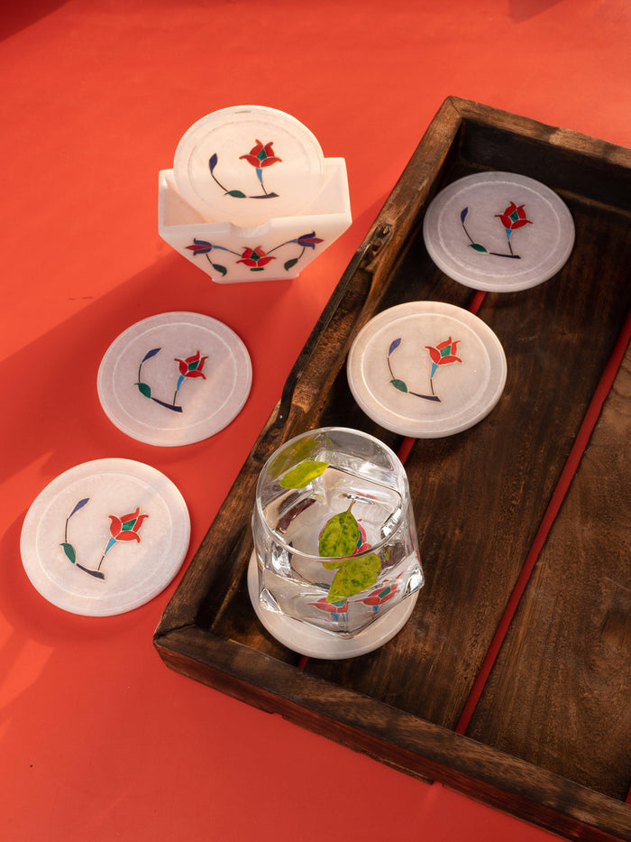 Red flower 6 pcs marble coaster set with stand - The Heritage Artifacts