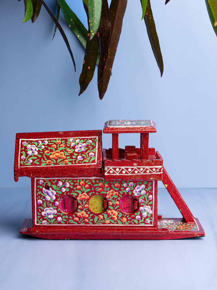 Bright Red color Paper Mache House Boat, Decorative Showpiece - The Heritage Artifacts