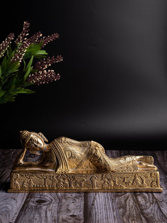 12 inches Sleeping Lord Buddha Idol made of Brass with antique finish - The Heritage Artifacts