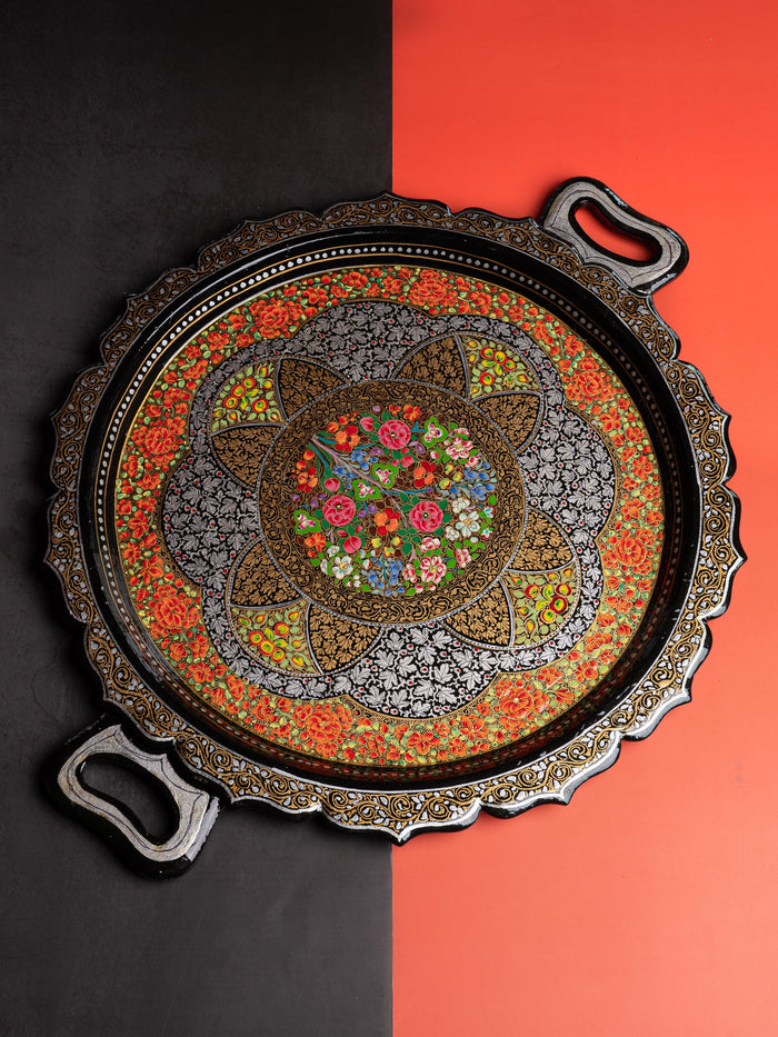 Paper Mache, Multicolor Round Decorative Serving Tray with Handle - The Heritage Artifacts