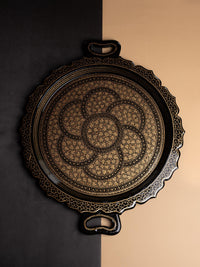 Paper Mache, Black and Gold Round Decorative Serving Tray with Handle - The Heritage Artifacts
