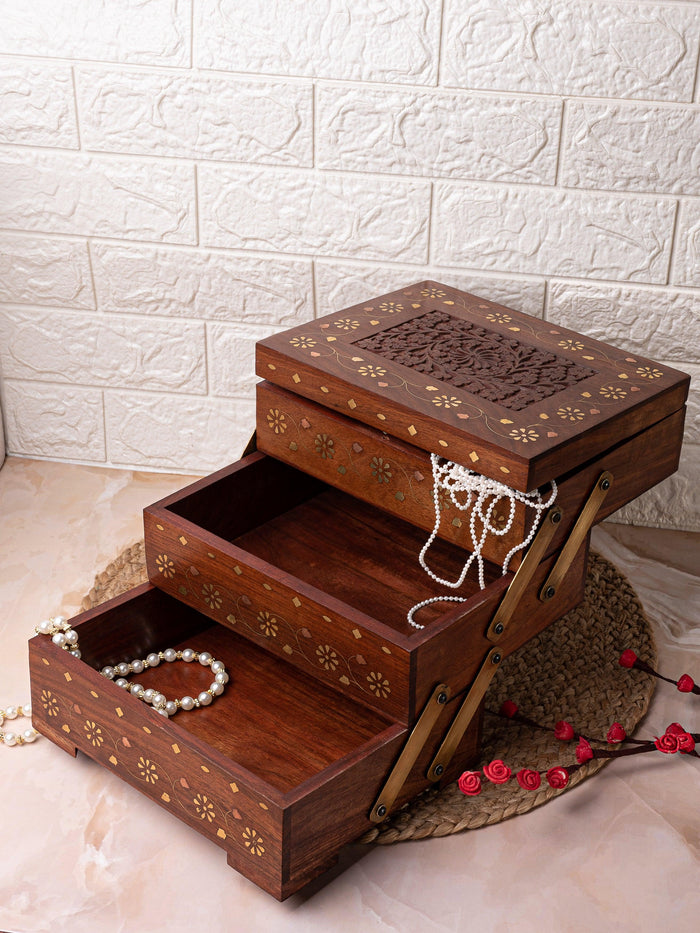 Wood crafted 3 step Storage box for multiple use - The Heritage Artifacts