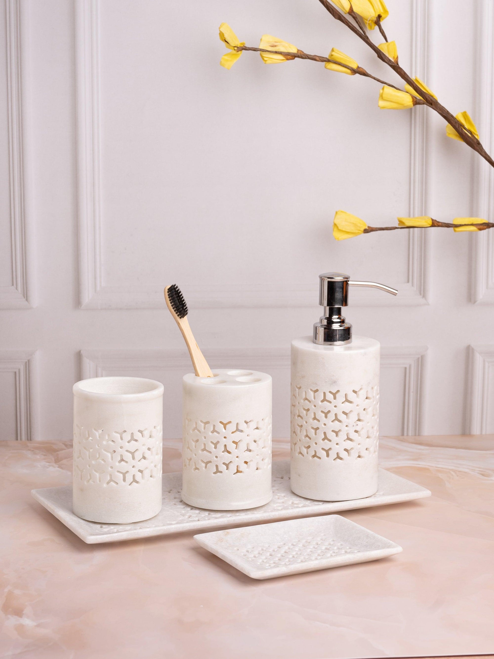 5 pieces bathroom accessories set handcrafted out of pure white marble - The Heritage Artifacts