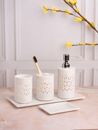 5 pieces bathroom accessories set handcrafted out of pure white marble - The Heritage Artifacts