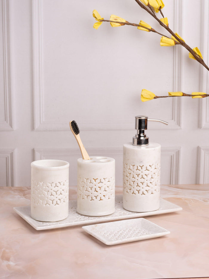 5 pieces bathroom accessories set handcrafted out of pure white marble - The Heritage Artifacts