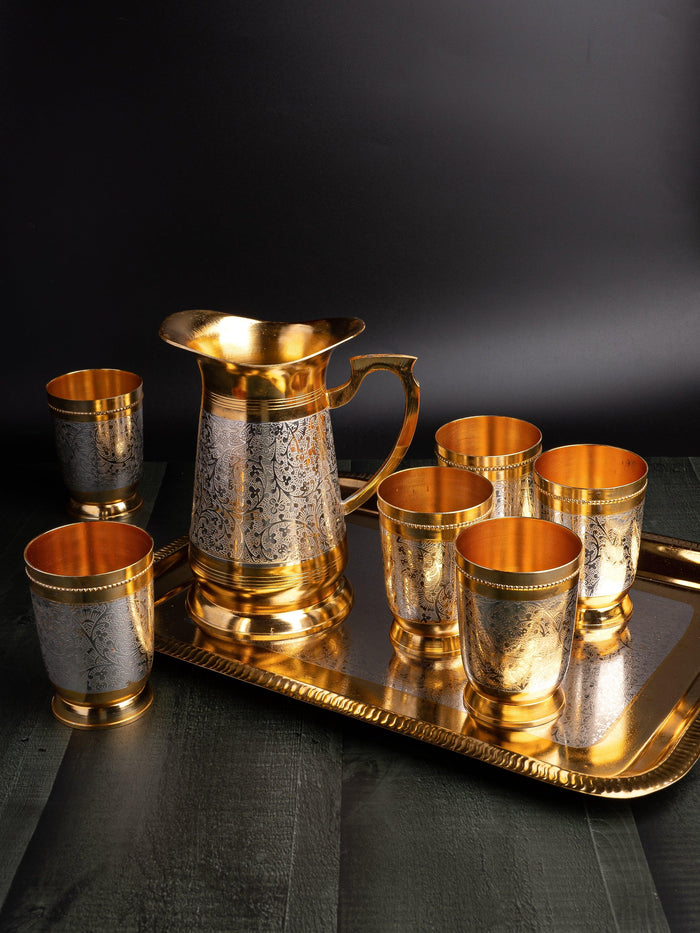 Brass made Stylish Drinkware set consisting of 1 Jug, 6 Glasses and 1 Tray in a Velvet Gift Box - The Heritage Artifacts