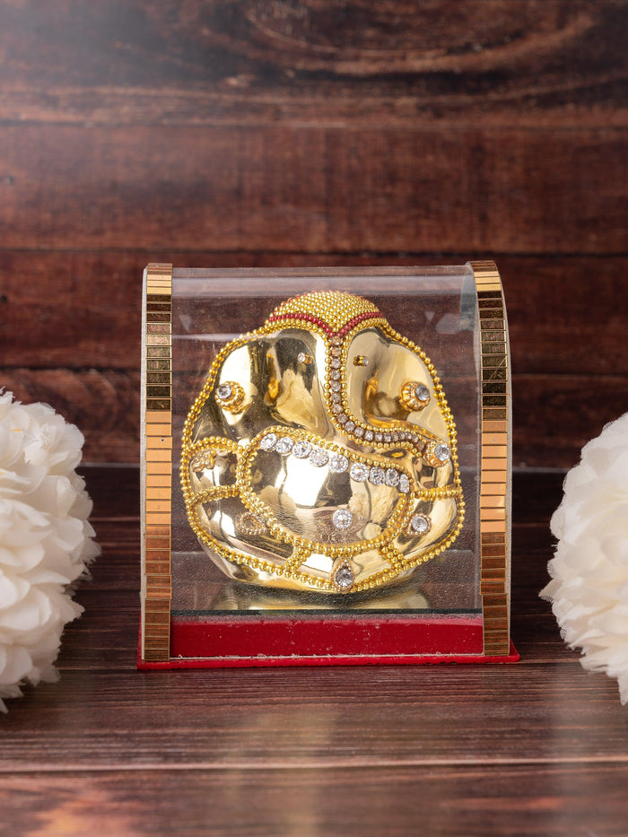 Small Sitting Ganesh Statue in Golden color inside an Acrylic Box - The Heritage Artifacts