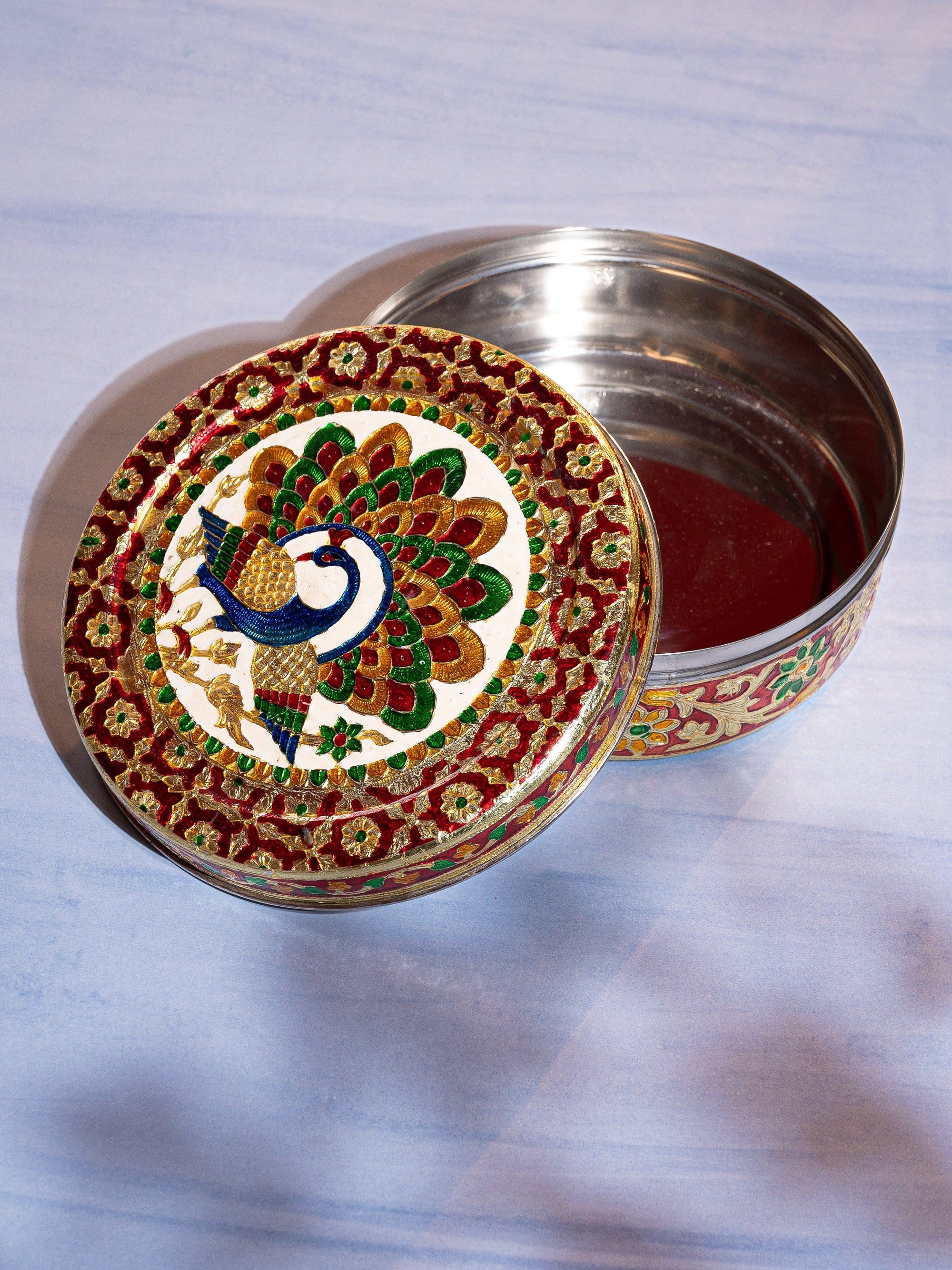 Meenakari Steel Dabba / Storage box / Chapati box / Cookie Tin - 9 inches dia - The Heritage Artifacts