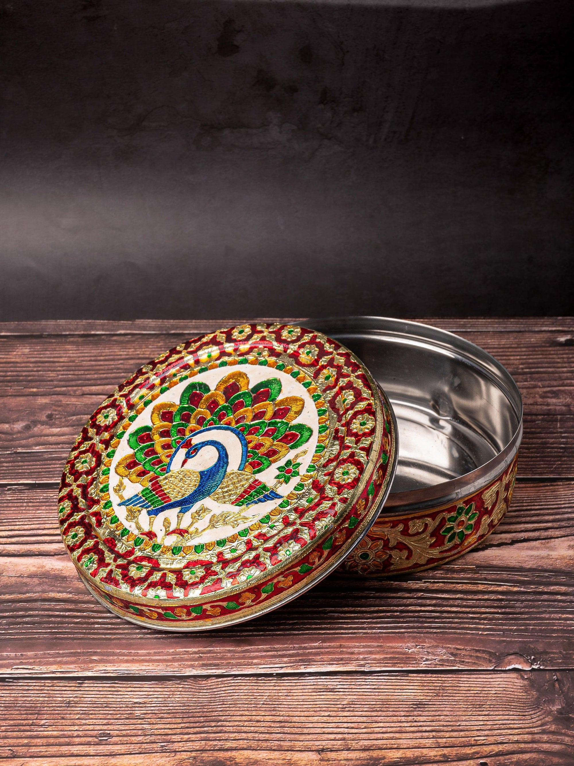 Meenakari Steel Dabba / Storage box / Chapati box / Cookie Tin - 9 inches dia - The Heritage Artifacts
