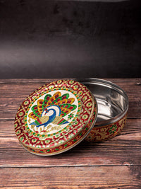 Meenakari Steel Dabba / Storage box / Chapati box / Cookie Tin - 9 inches dia - The Heritage Artifacts