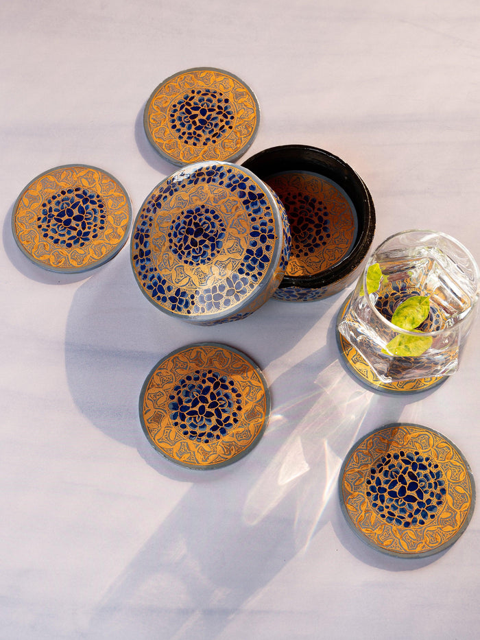 Floral Handmade Round Shaped 6 pcs Paper Mache Coaster set in a box - Available in Assorted design and color - The Heritage Artifacts