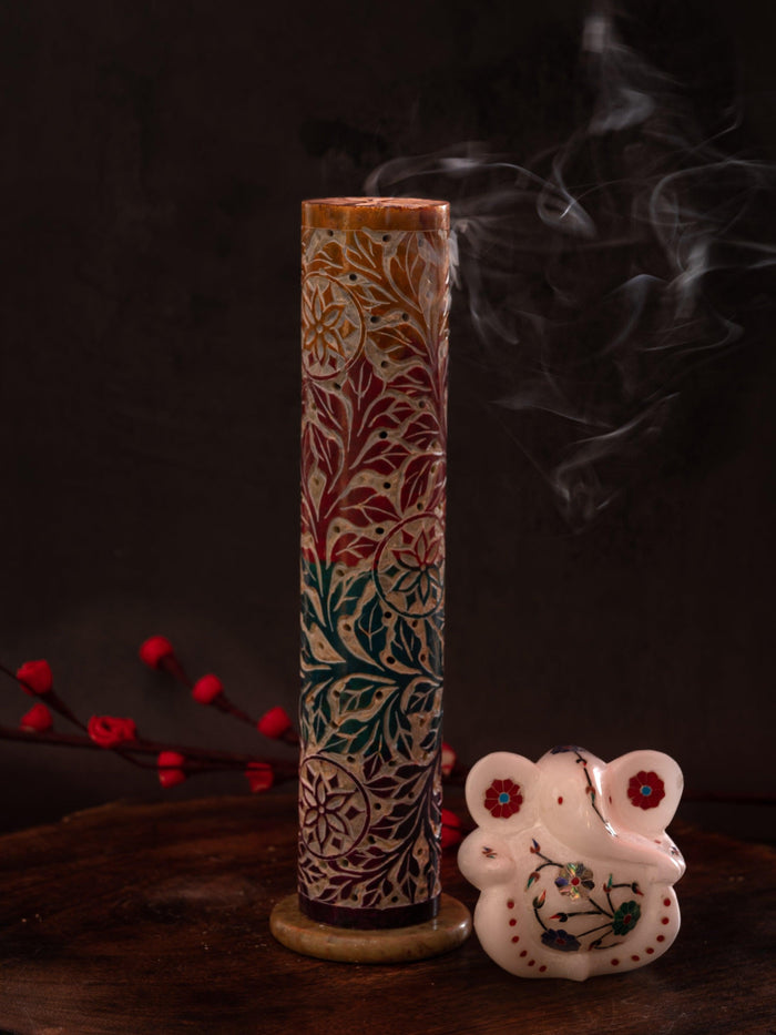 Soapstone carved colorful Incense Stick / Agarbatti Holder - 10 inches height - The Heritage Artifacts