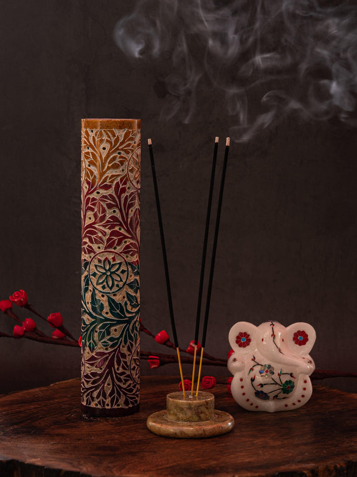 Soapstone carved colorful Incense Stick / Agarbatti Holder - 10 inches height - The Heritage Artifacts