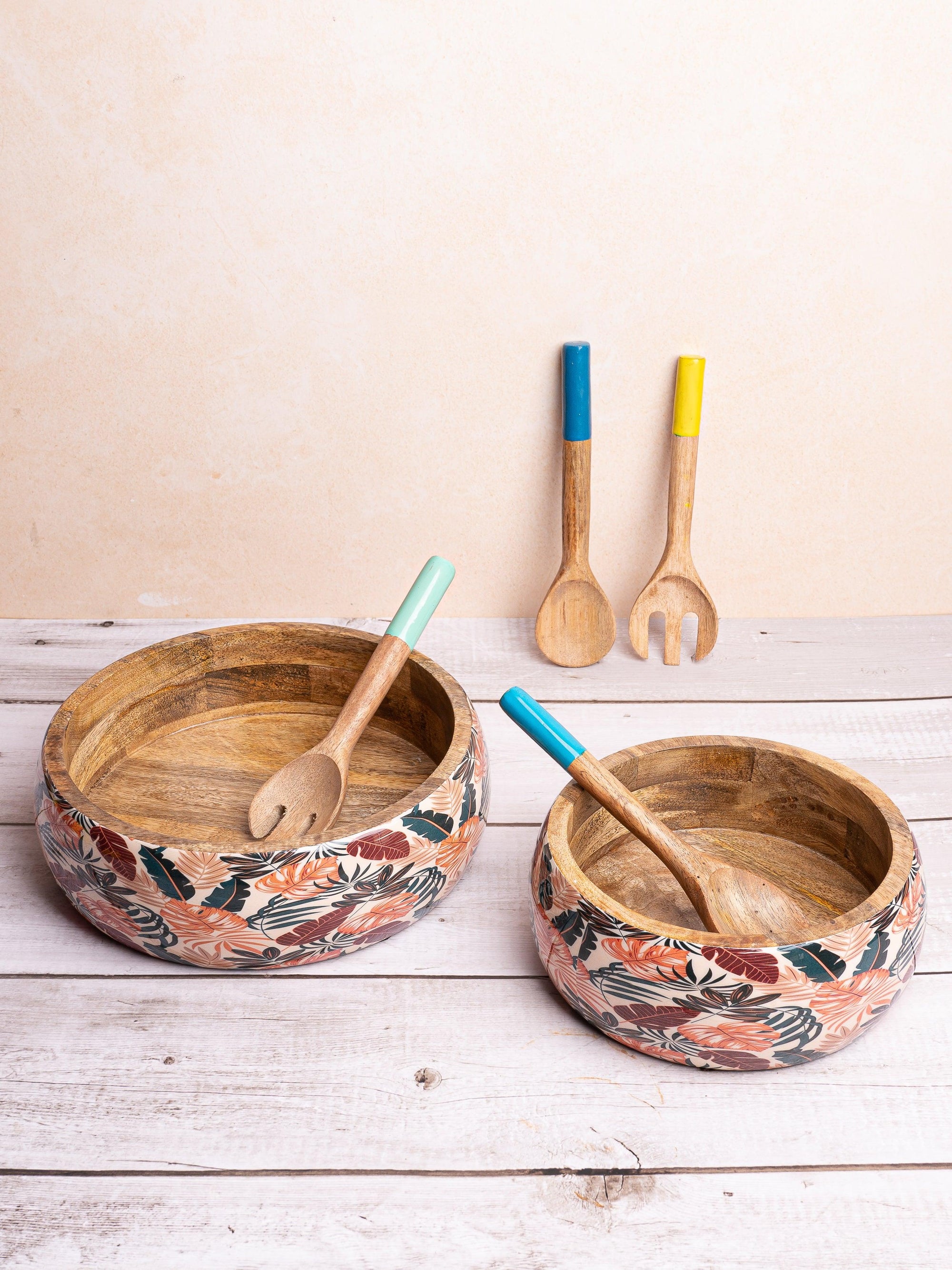 Multi color enamel printed wooden serving bowl set - The Heritage Artifacts