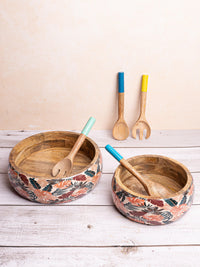 Multi color enamel printed wooden serving bowl set - The Heritage Artifacts