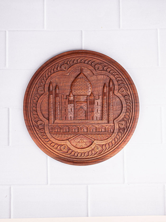 Hand crafted, round shaped, wooden Taj Mahal wall hanging - The Heritage Artifacts