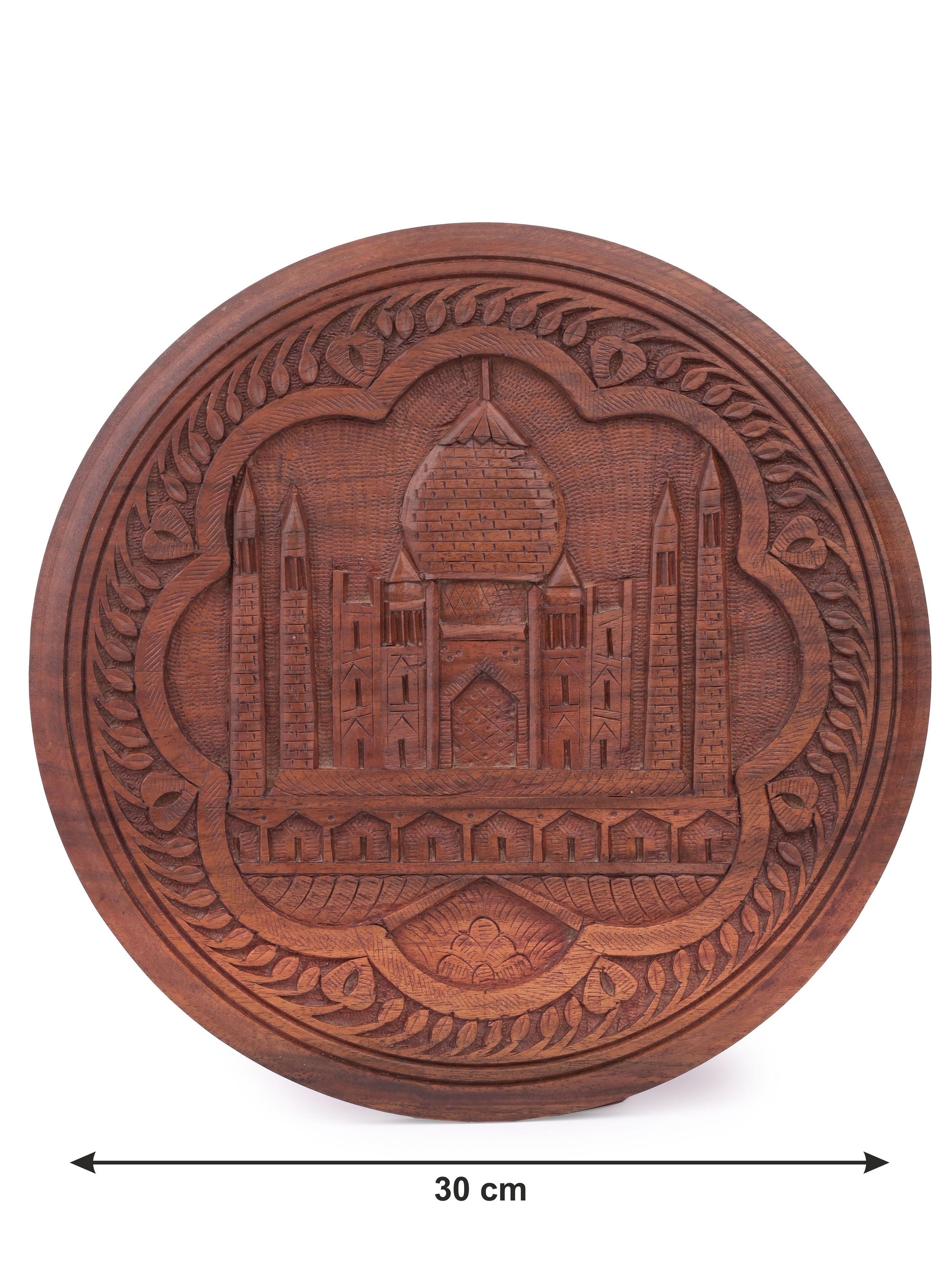Hand crafted, round shaped, wooden Taj Mahal wall hanging - The Heritage Artifacts