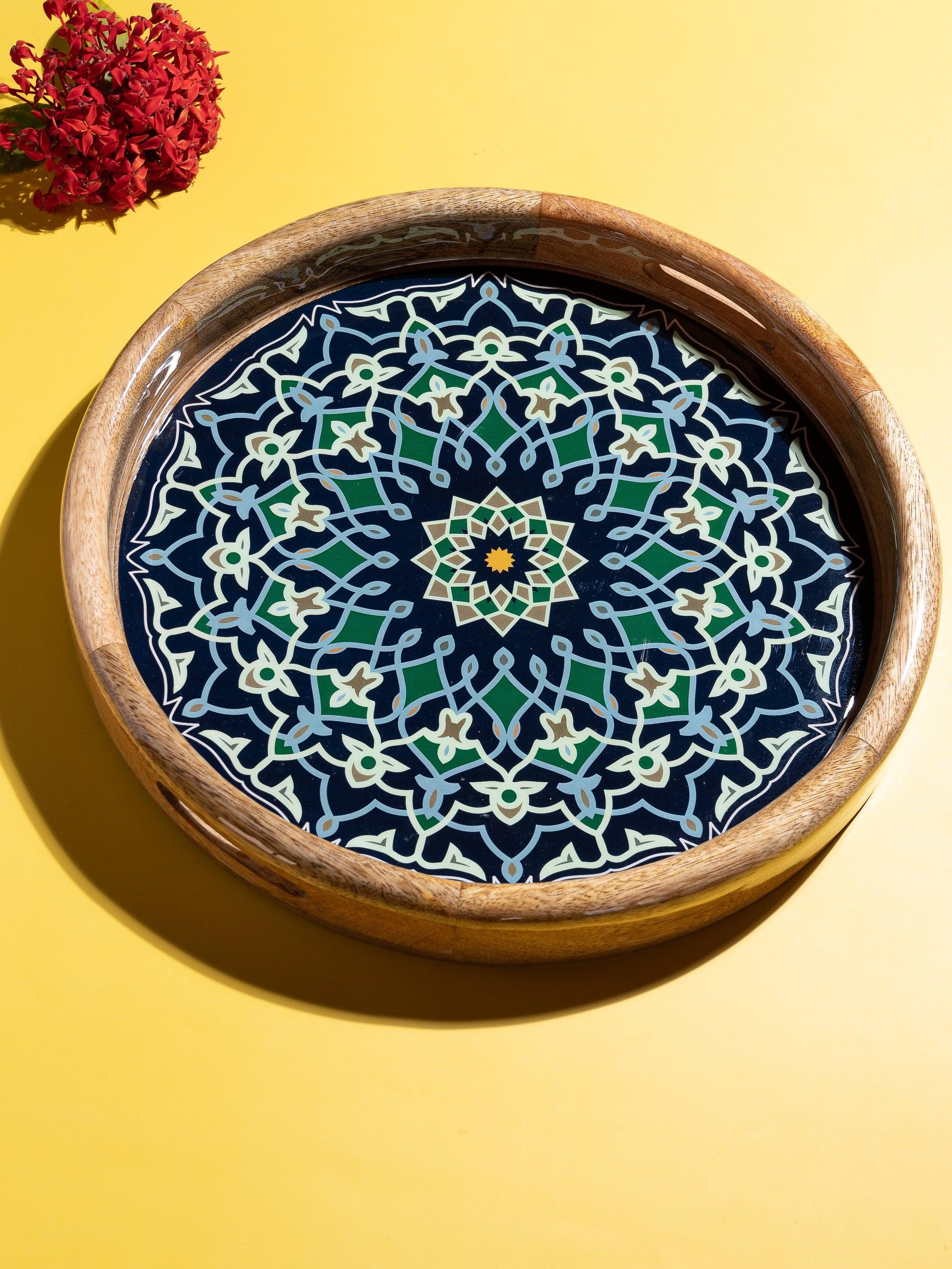 14 inches round Serving Tray with enamel printing on wood - The Heritage Artifacts