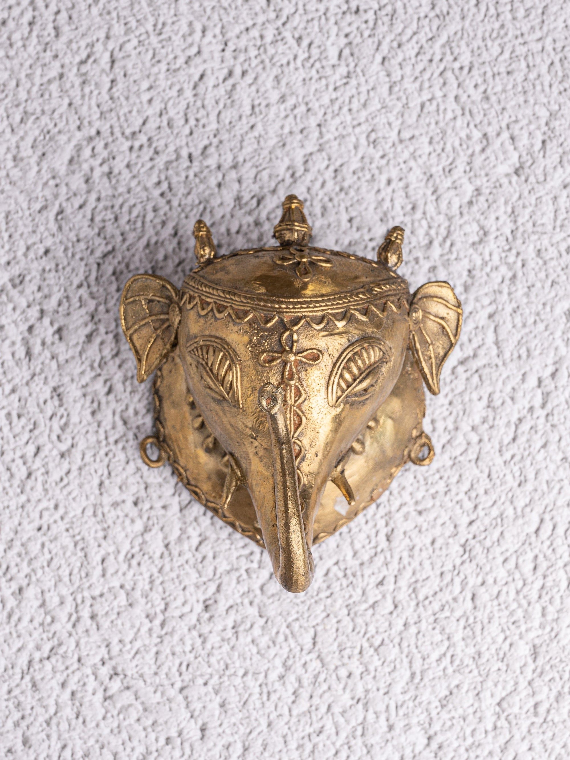 Dokra Art Elephant Head Wall Hanging made of Brass metal - Big 6 inches - The Heritage Artifacts