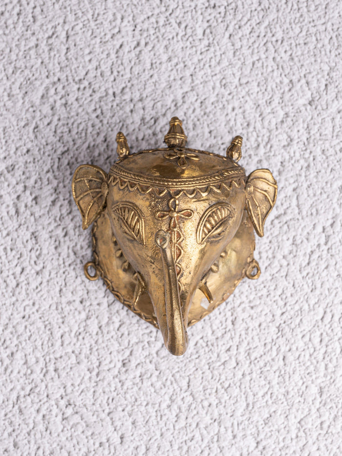Dokra Art Elephant Head Wall Hanging made of Brass metal - Big 6 inches - The Heritage Artifacts