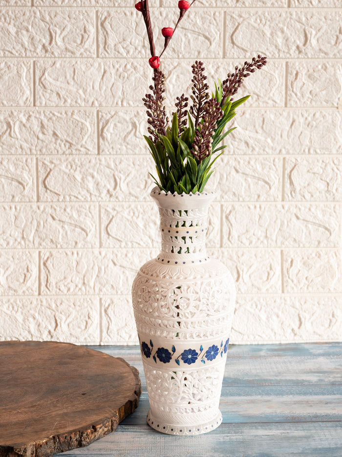 White marble flower vase with jali work & blue flower inlay - 12 inches - The Heritage Artifacts