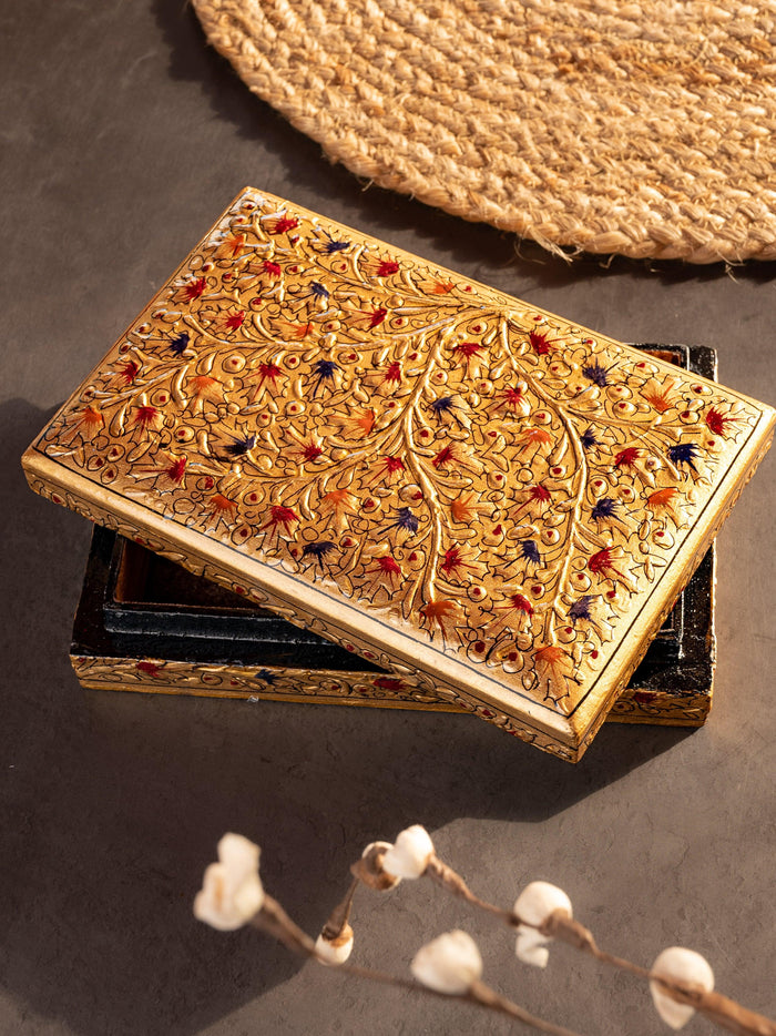Rectangular Paper Mache Multi purpose storage box with Golden floral pattern embossed - The Heritage Artifacts
