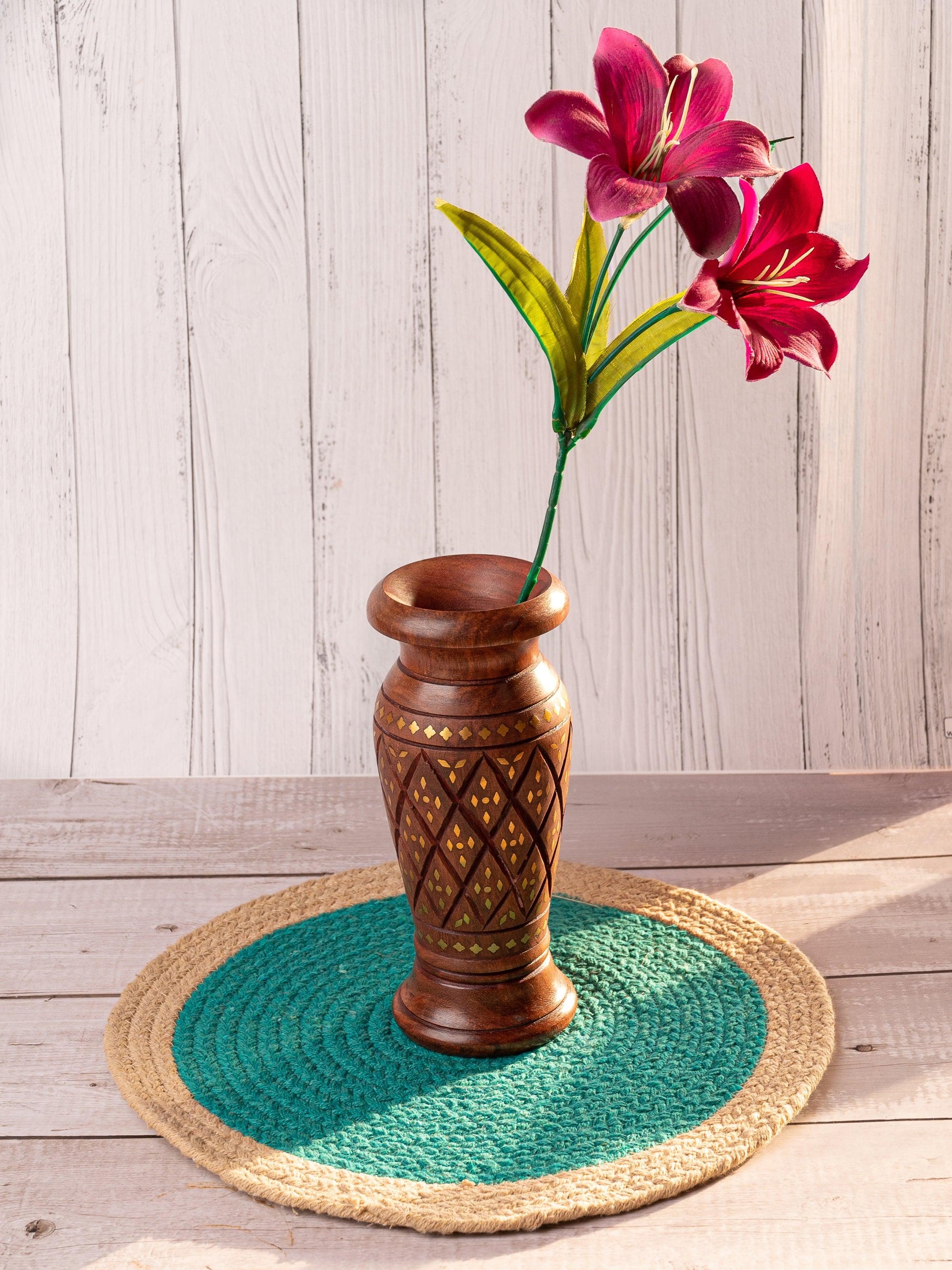 Wood crafted Flower Vase with Brass Inlay work - 9 inches height - The Heritage Artifacts