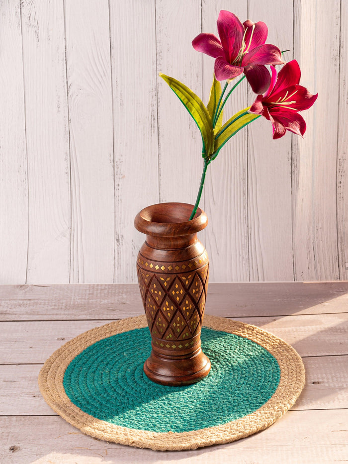 Wood crafted Flower Vase with Brass Inlay work - 9 inches height - The Heritage Artifacts