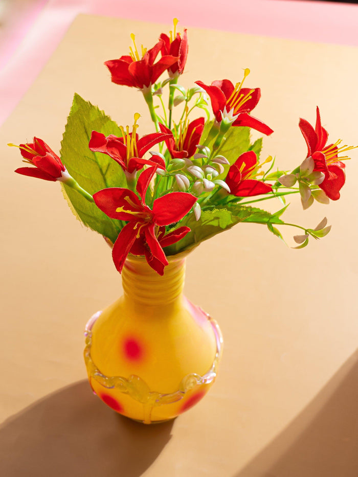Glass Crafted Yellow Flower Vase with Red Spots - 8 inches Height - The Heritage Artifacts