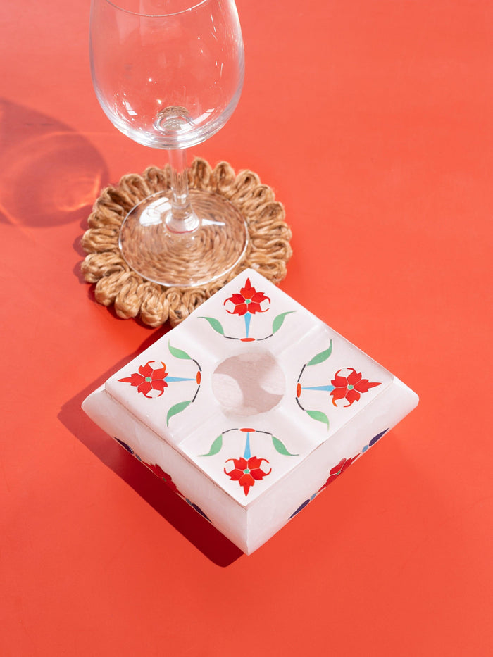 White marble Ashtray with red flower inlay work - The Heritage Artifacts