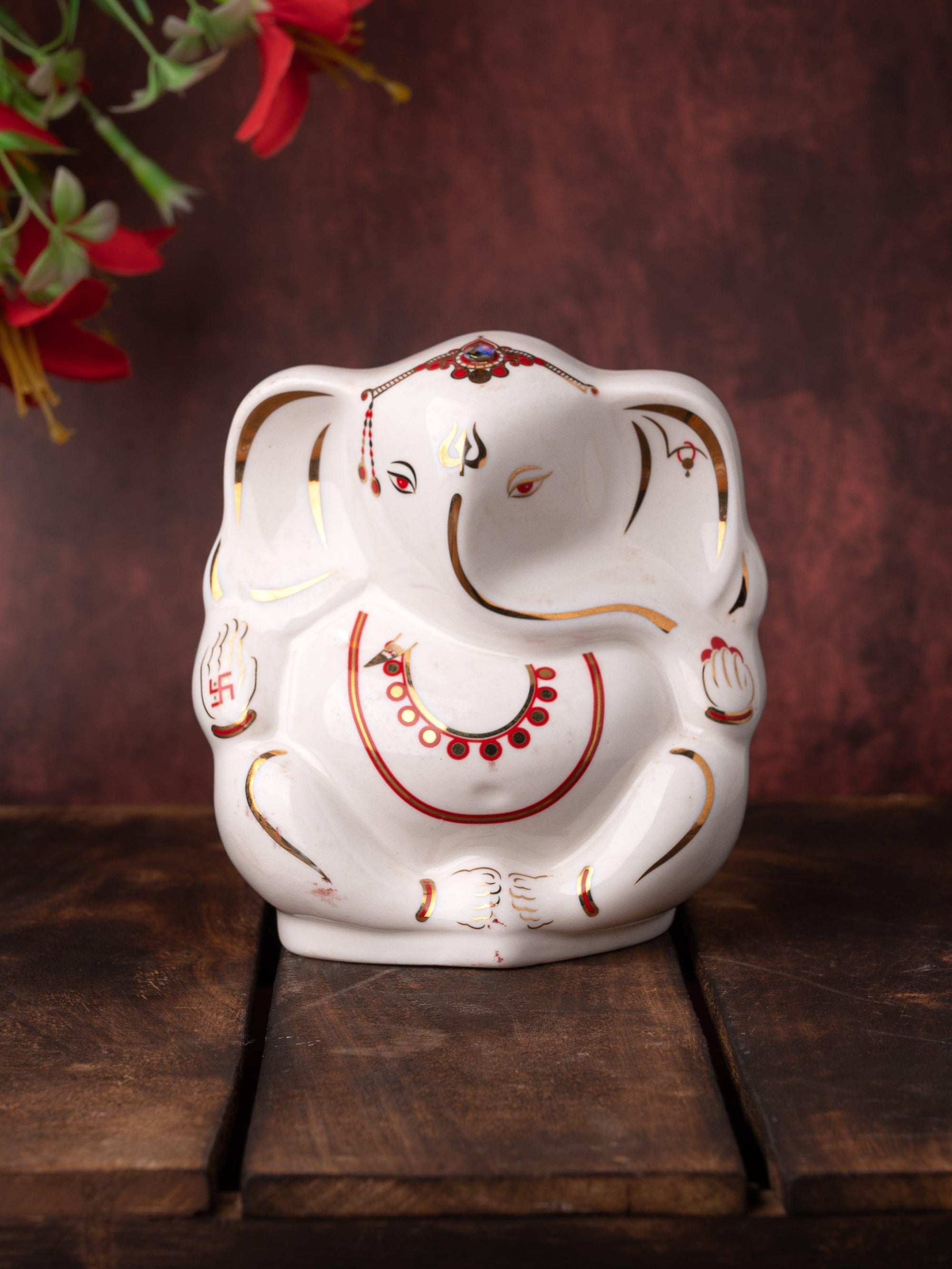 White Ceramic Ganesh Idol with Red Decorations - The Heritage Artifacts