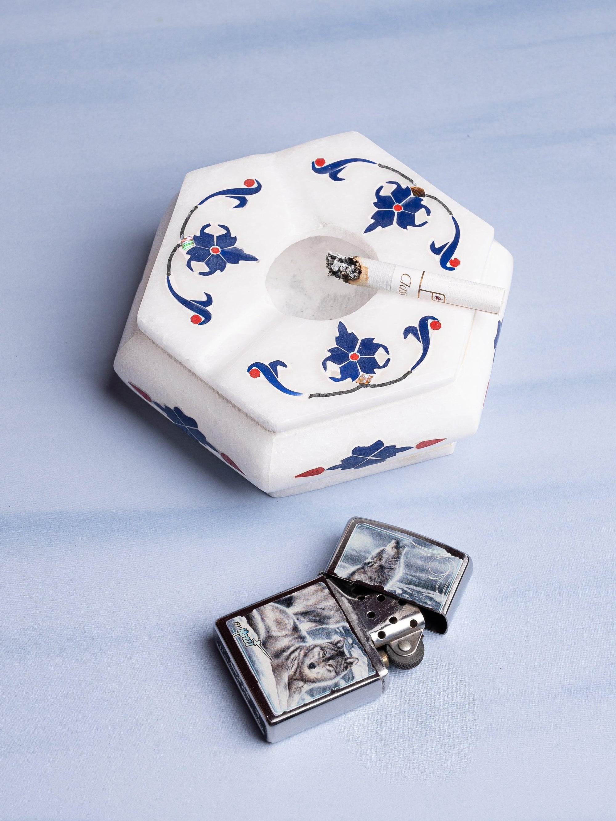 Hexagonal marble Ashtray with blue flower inlay work - The Heritage Artifacts