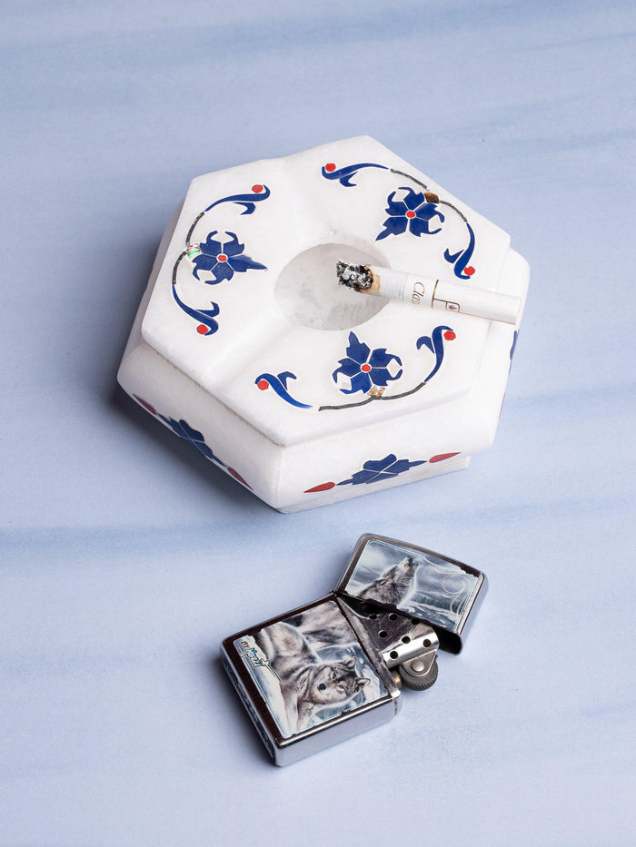 Hexagonal marble Ashtray with blue flower inlay work - The Heritage Artifacts