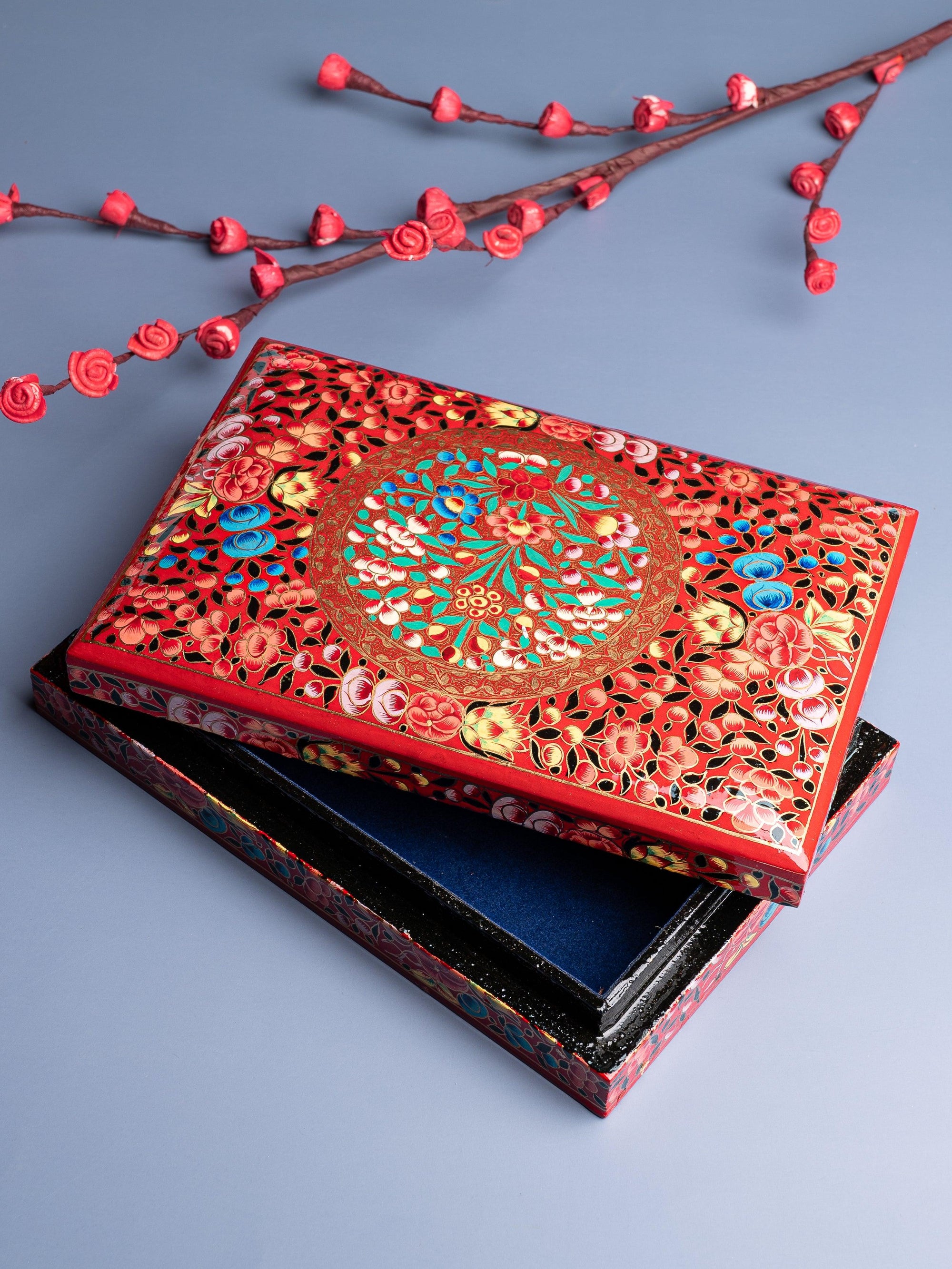 Rectangular Paper Mache Multi purpose storage box with Red floral pattern embossed - The Heritage Artifacts