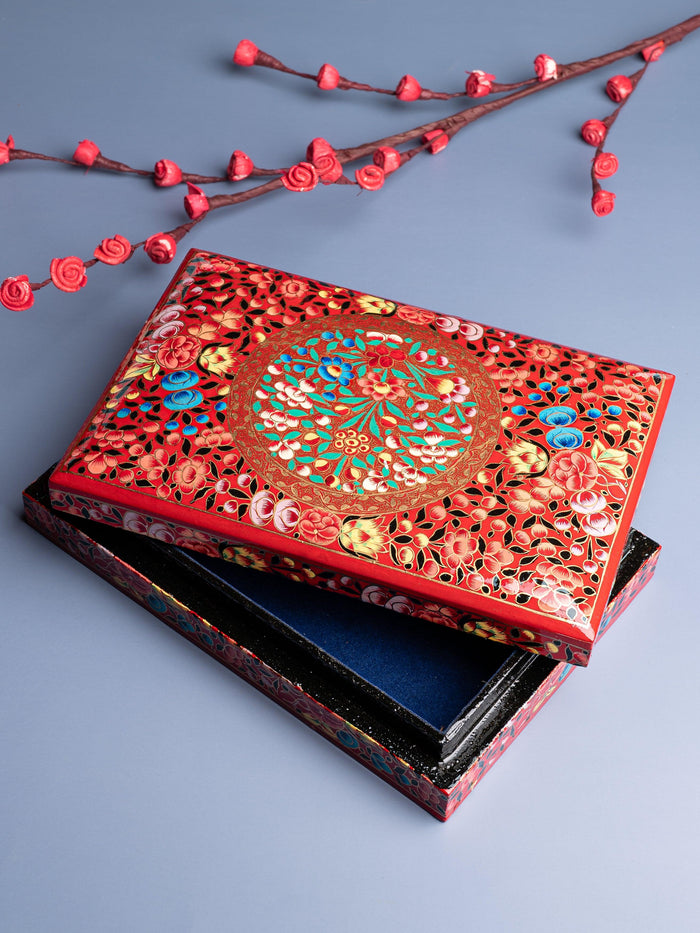 Rectangular Paper Mache Multi purpose storage box with Red floral pattern embossed - The Heritage Artifacts