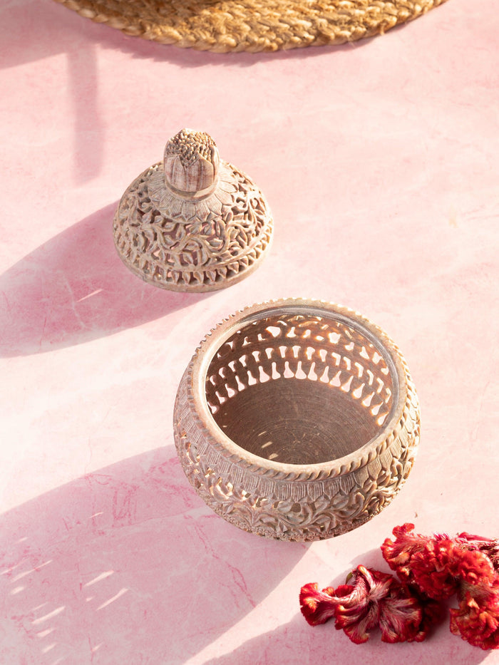 Bowl with Lid, very intricately hand crafted from Paleva stone - The Heritage Artifacts
