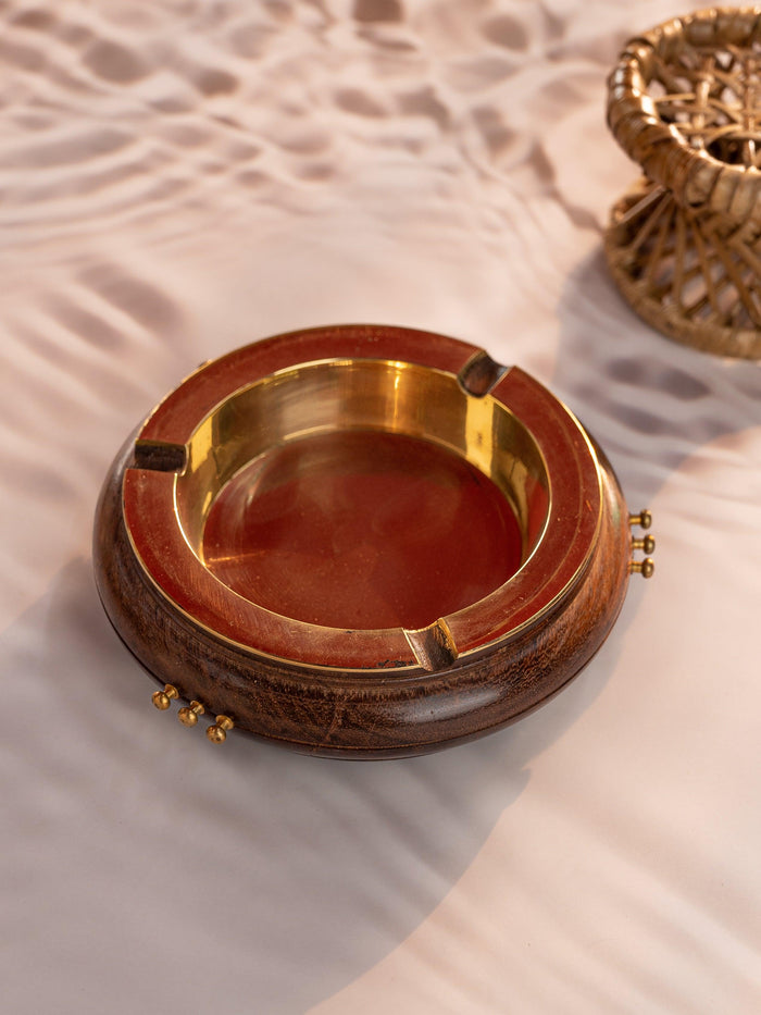 Round Wooden Ashtray with Brass top and a heavy base - The Heritage Artifacts