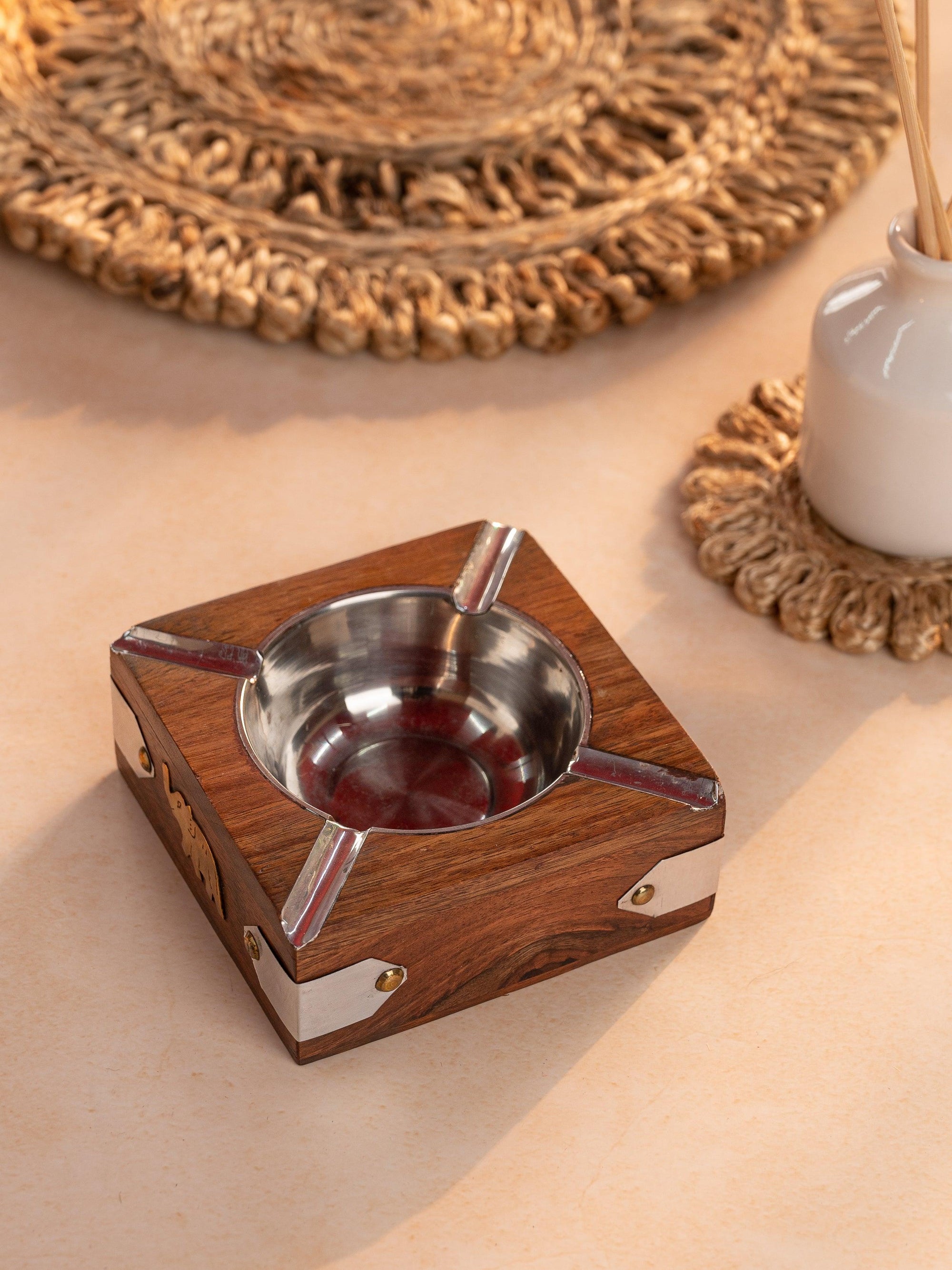Square Wooden Ashtray with Metal Top and Elephant design on the side - The Heritage Artifacts