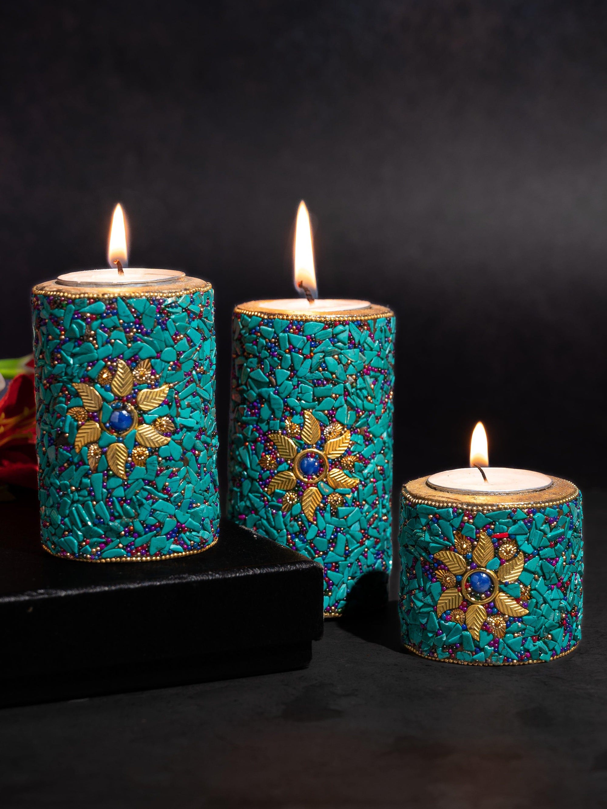 Traditional Meenakari Tea Light Candle Holder Set of 3 pcs - Blue - The Heritage Artifacts