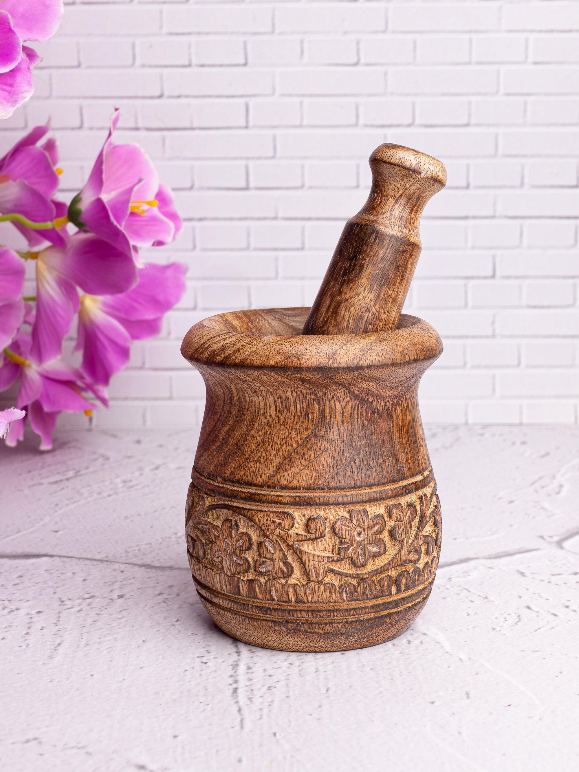 Mango Wood carved Mortar and Pestle / Okhli and Musal set - The Heritage Artifacts