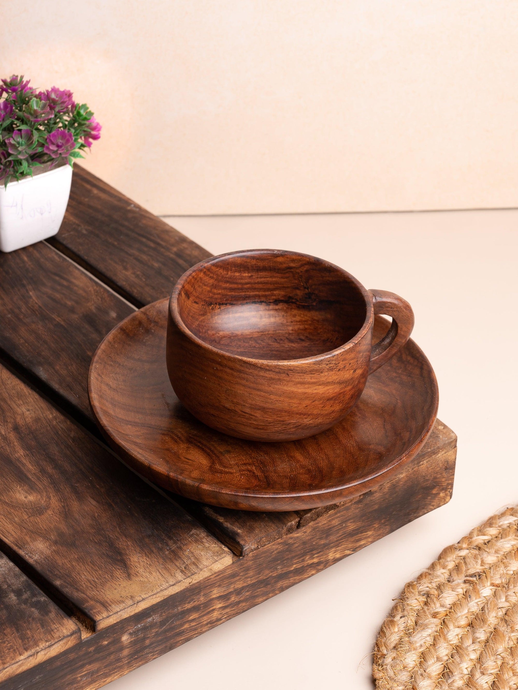 Natural Shisham wood Cup and Saucer set - 150 ml - The Heritage Artifacts