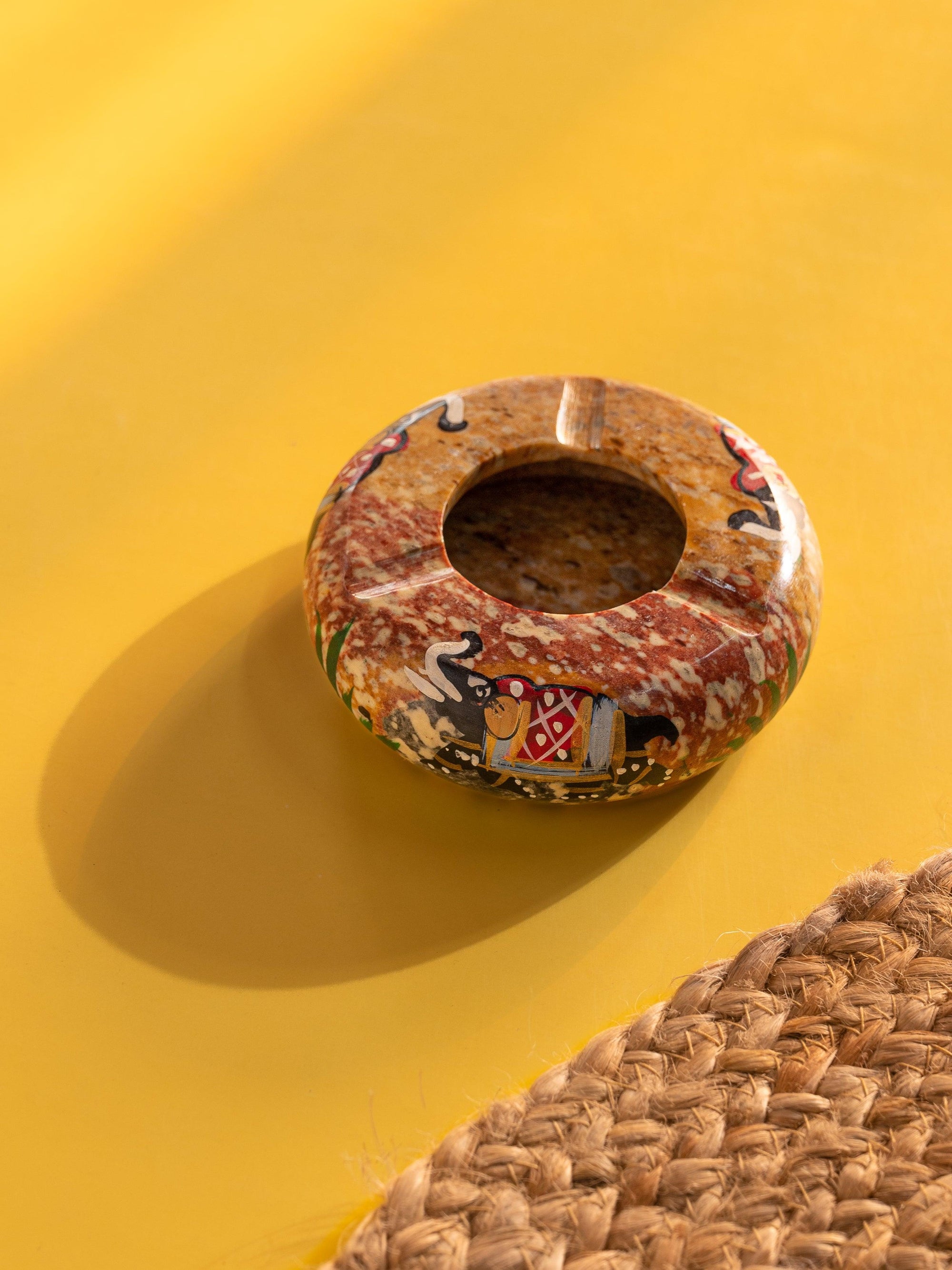 Small brown Ashtray carved and painted on Yellow Paleva stone - The Heritage Artifacts