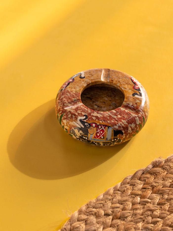 Small brown Ashtray carved and painted on Yellow Paleva stone - The Heritage Artifacts